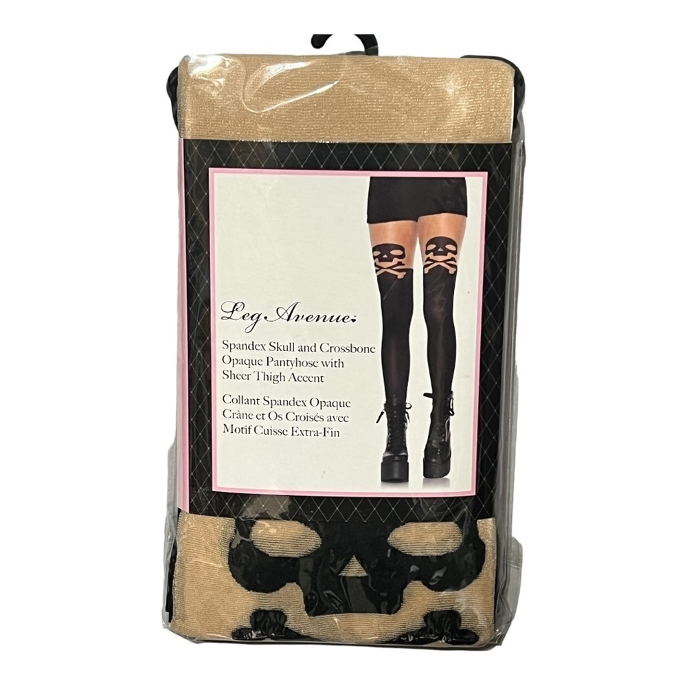 Leg Avenue Skull Cross-bone Sheer Thigh Opaque Spandex Pantyhose OS